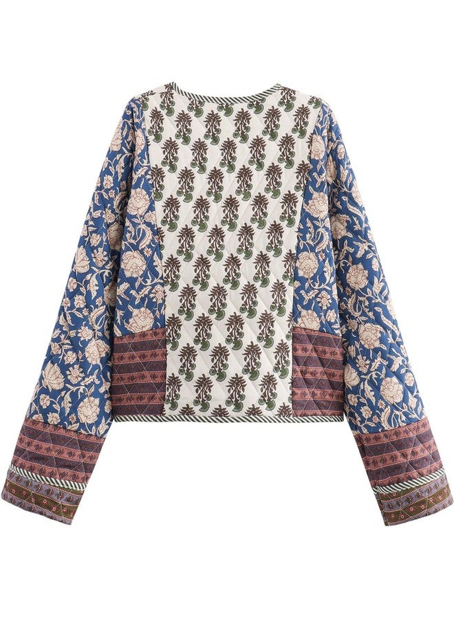 flygo جاكيت نسائي قصير منفوخ من فلايغو، كارديجان مطبوع عليه زهور، معاطف مبطنة، خفيف الوزن، مفتوح من الأمام، قصير، مبطن بالريش (01أزرق-صغير) - Image 2